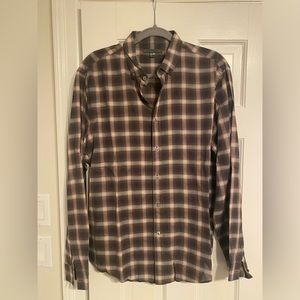John Varvatus- Men’s brown button down shirt size large.